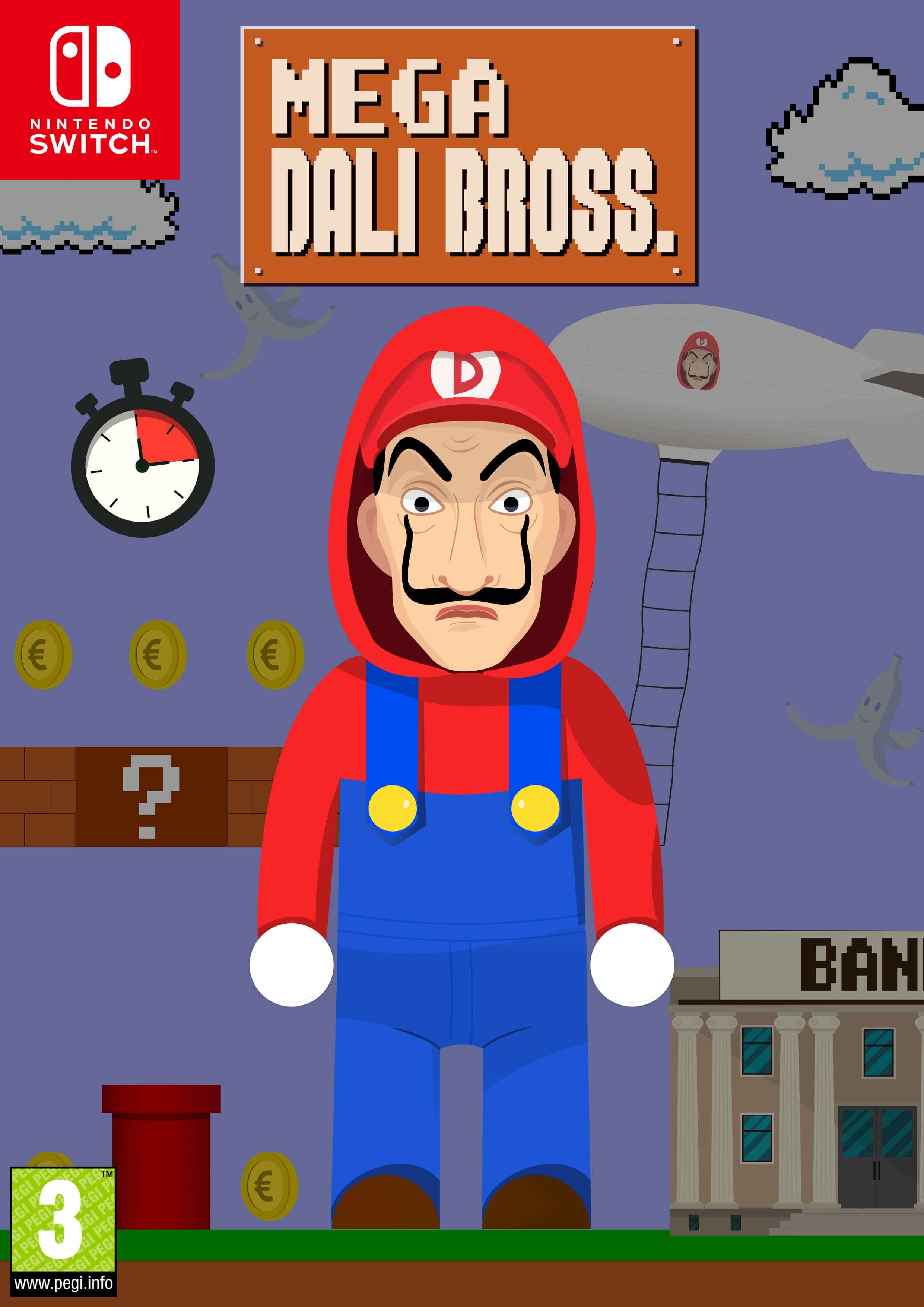 projet dans le thème des jeux vidéos avec un personnage avec un corps de Mario et la tête de Dali en référence à la série Netflix Casa de Papel. Le fond est un parcours MarioBorss avec des éléments de banque.