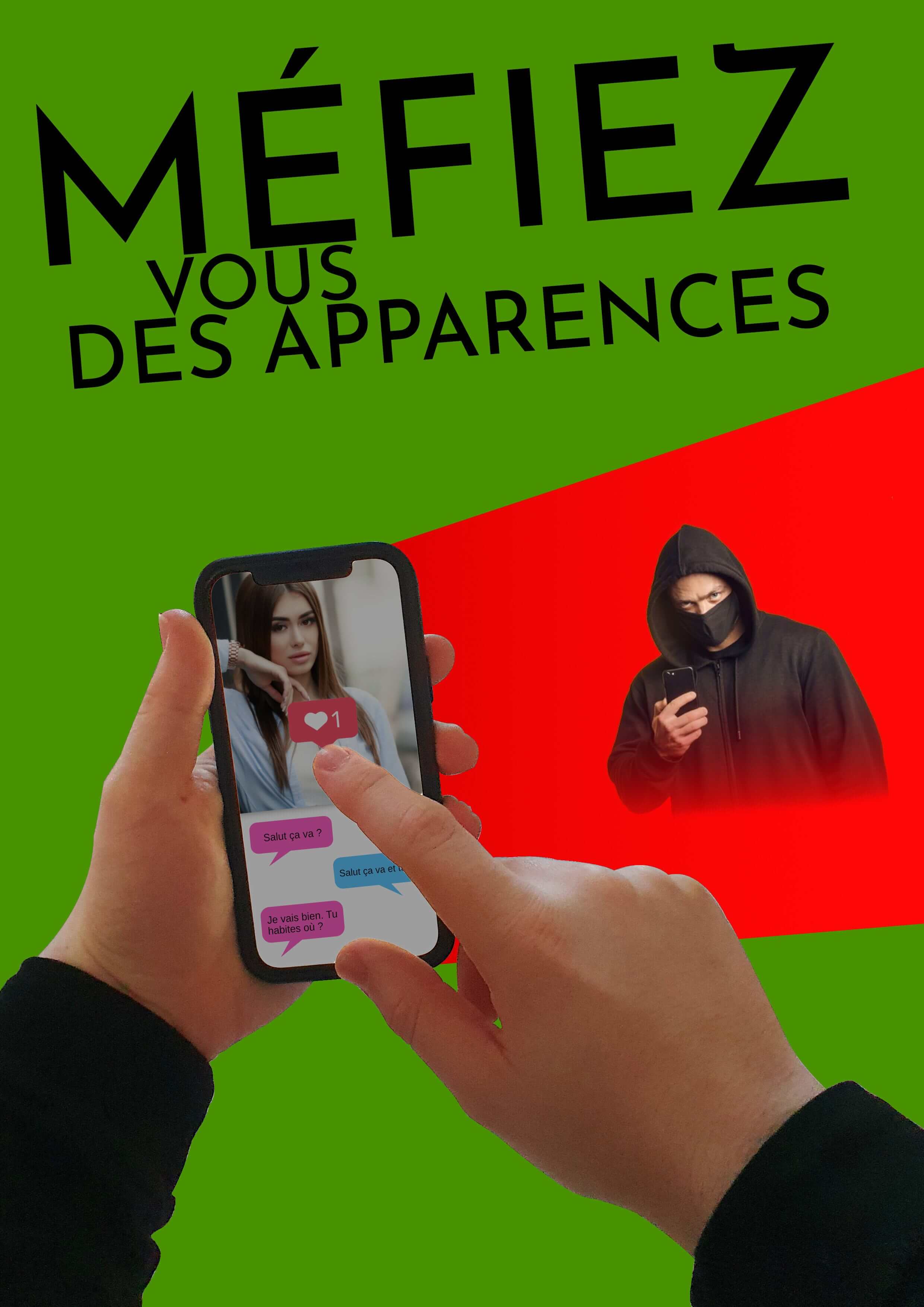 téléphone avec juene fille sur application et reflet d'un monsieur dernière le téléphone.